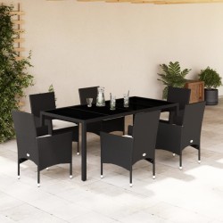 vidaXL Set comedor jardín 7 pzas cojines ratán sintético vidrio negro