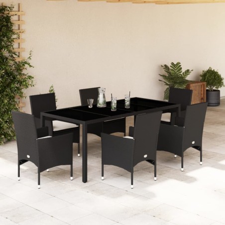 vidaXL Set comedor jardín 7 pzas cojines ratán sintético vidrio negro