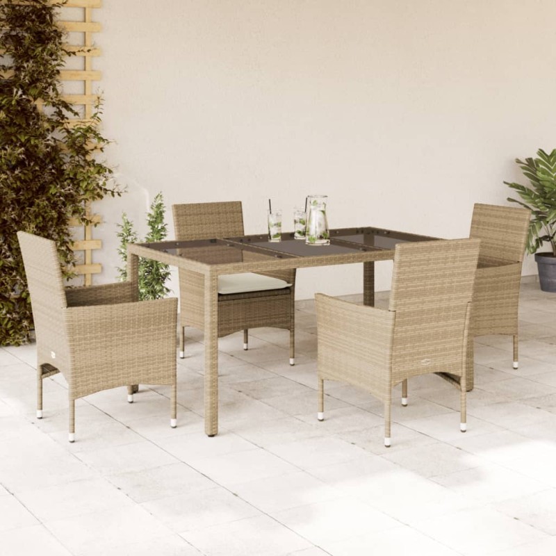 vidaXL Set comedor jardín 5 pzas cojines ratán sintético vidrio beige vidaXL Set comedor jardín 5 pzas cojines ratán sintético vidrio beige