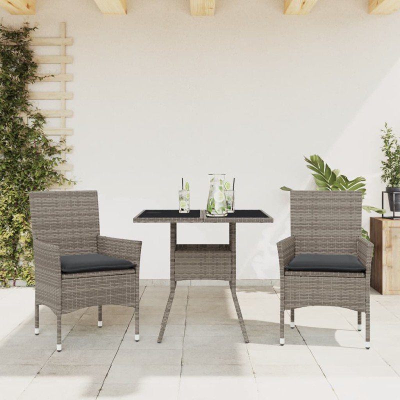 vidaXL Set comedor jardín 3 pzas y cojines ratán sintético vidrio gris vidaXL Set comedor jardín 3 pzas y cojines ratán sintético vidrio gris