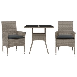 vidaXL Set comedor jardín 3 pzas y cojines ratán sintético vidrio gris