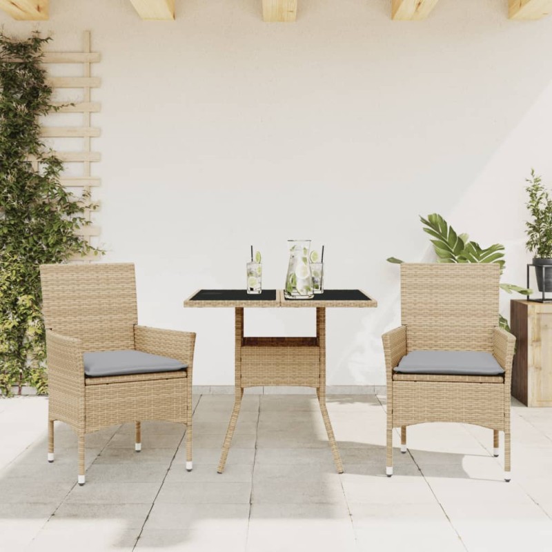 vidaXL Set comedor jardín 3 pzas cojines ratán sintético vidrio beige