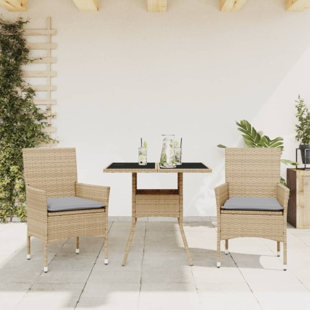 vidaXL Set comedor jardín 3 pzas cojines ratán sintético vidrio beige