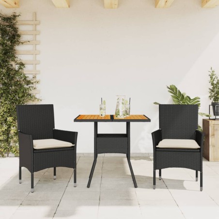 vidaXL Set de comedor jardín 3 pzas con cojines ratán PE acacia negro