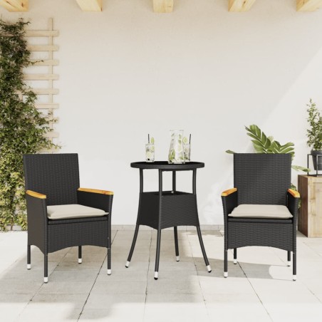 vidaXL Set comedor jardín 3 pzas cojines ratán sintético vidrio negro