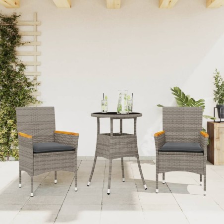 vidaXL Set comedor jardín 3 pzas y cojines ratán sintético vidrio gris
