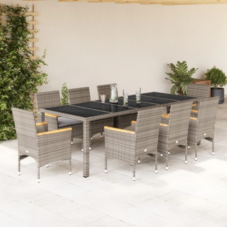 vidaXL Set comedor jardín 9 pzas y cojines ratán sintético vidrio gris