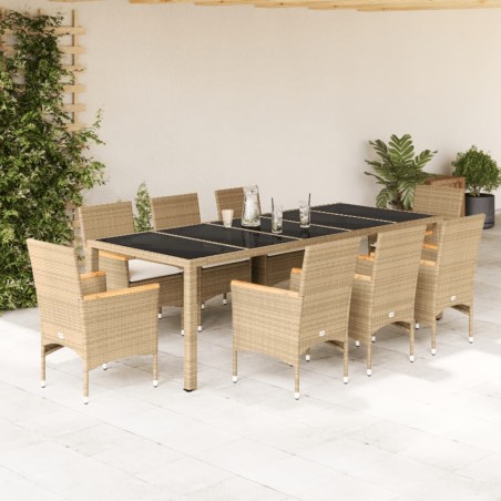 vidaXL Set comedor jardín 9 pzas cojines ratán sintético vidrio beige