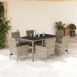 vidaXL Set de comedor jardín 7 piezas y cojines ratán PE y vidrio gris