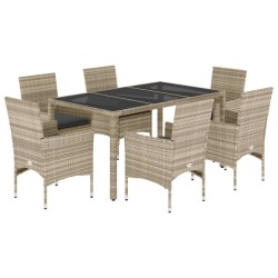 vidaXL Set de comedor jardín 7 piezas y cojines ratán PE y vidrio gris