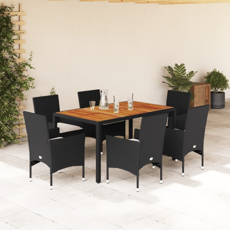 vidaXL Set de comedor jardín 7 pzas con cojines ratán PE acacia negro
