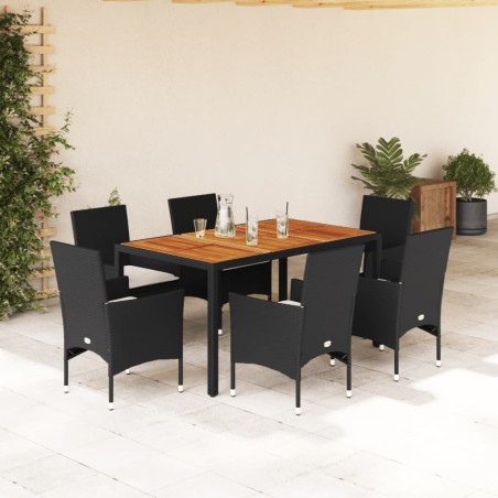vidaXL Set de comedor jardín 7 pzas con cojines ratán PE acacia negro