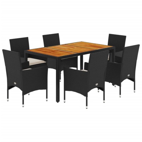 vidaXL Set de comedor jardín 7 pzas con cojines ratán PE acacia negro