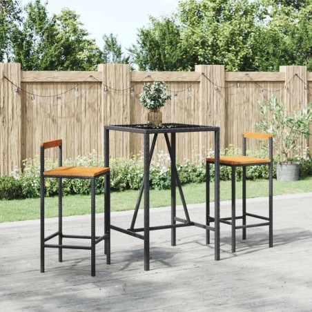 vidaXL Mesa bar y taburetes jardín 3 pzas madera acacia ratán PE negro