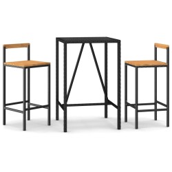vidaXL Mesa bar y taburetes jardín 3 pzas madera acacia ratán PE negro