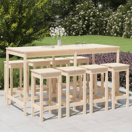 vidaXL Mesa y taburetes altos jardín 9 piezas madera maciza de pino