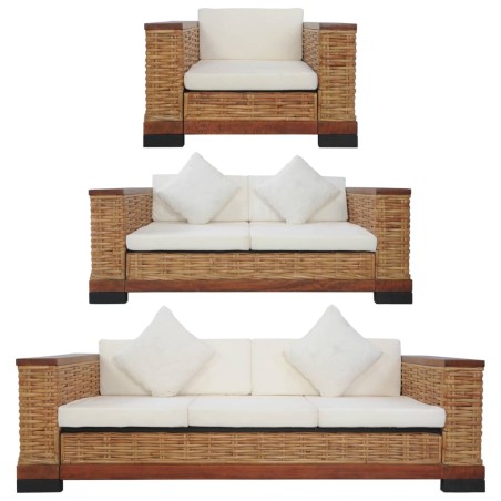 vidaXL Juego de sofás con cojines 3 piezas de ratán natural marrón