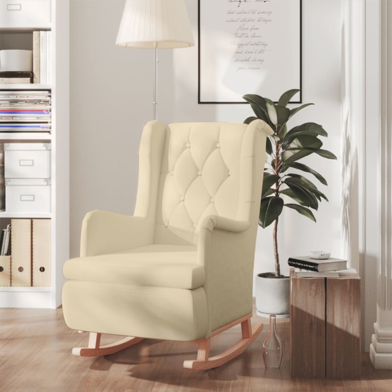 vidaXL Sillón con patas mecedoras madera maciza caucho y tela crema vidaXL Sillón con patas mecedoras madera maciza caucho y tela crema