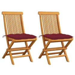 vidaXL Sillas de jardín 2 uds madera de teca con cojines rojo tinto