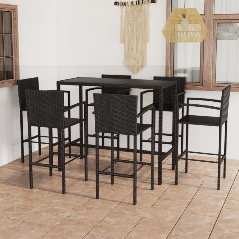 vidaXL Mesa y taburetes altos jardín y cojines 7 pzas ratán PE negro vidaXL Mesa y taburetes altos jardín y cojines 7 pzas ratán PE negro