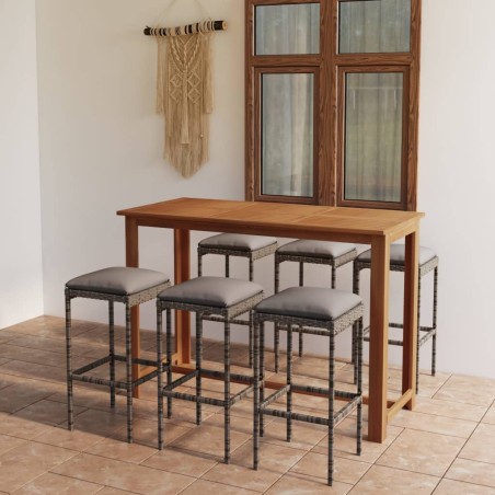 vidaXL Set de bar para jardín 7 piezas y cojines ratán sintético gris