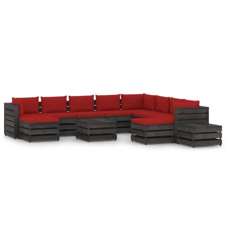 vidaXL Muebles de jardín 12 piezas con cojines madera impregnada gris