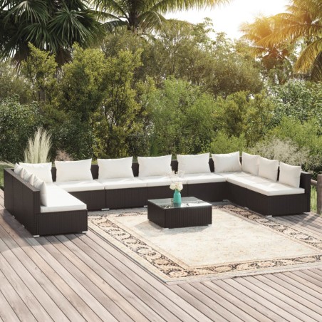 vidaXL Set muebles de jardín 11 pzas y cojines ratán sintético negro