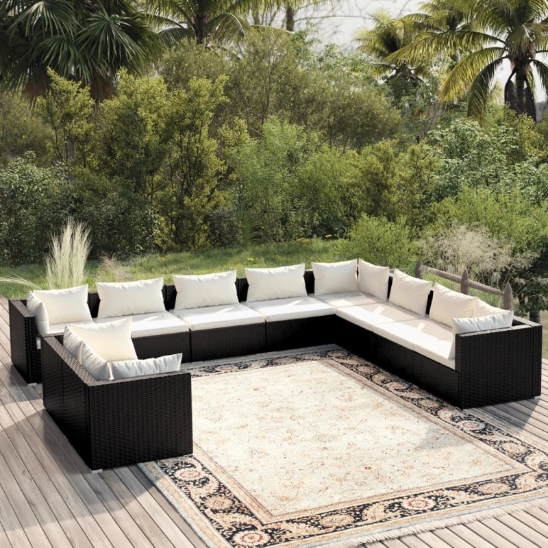 vidaXL Set de muebles de jardín 10 pzas cojines ratán sintético negro vidaXL Set de muebles de jardín 10 pzas cojines ratán sintético negro