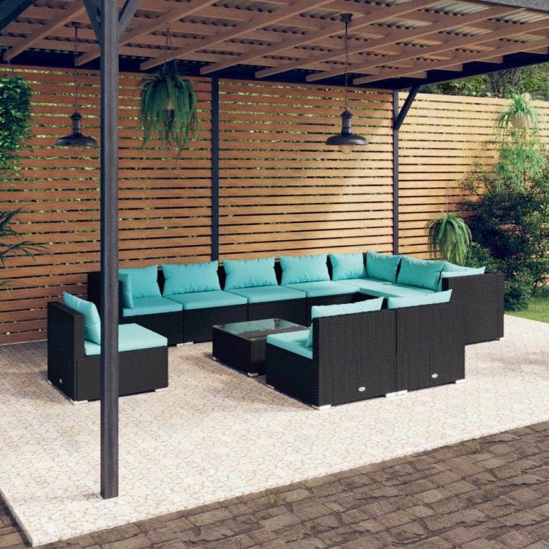 vidaXL Set de muebles de jardín 11 pzs y cojines ratán sintético negro vidaXL Set de muebles de jardín 11 pzs y cojines ratán sintético negro