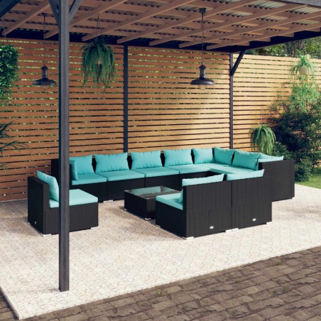 vidaXL Set de muebles de jardín 11 pzs y cojines ratán sintético negro