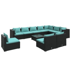 vidaXL Set de muebles de jardín 11 pzs y cojines ratán sintético negro