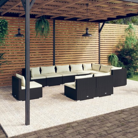 vidaXL Set muebles de jardín 10 pzas y cojines ratán sintético negro