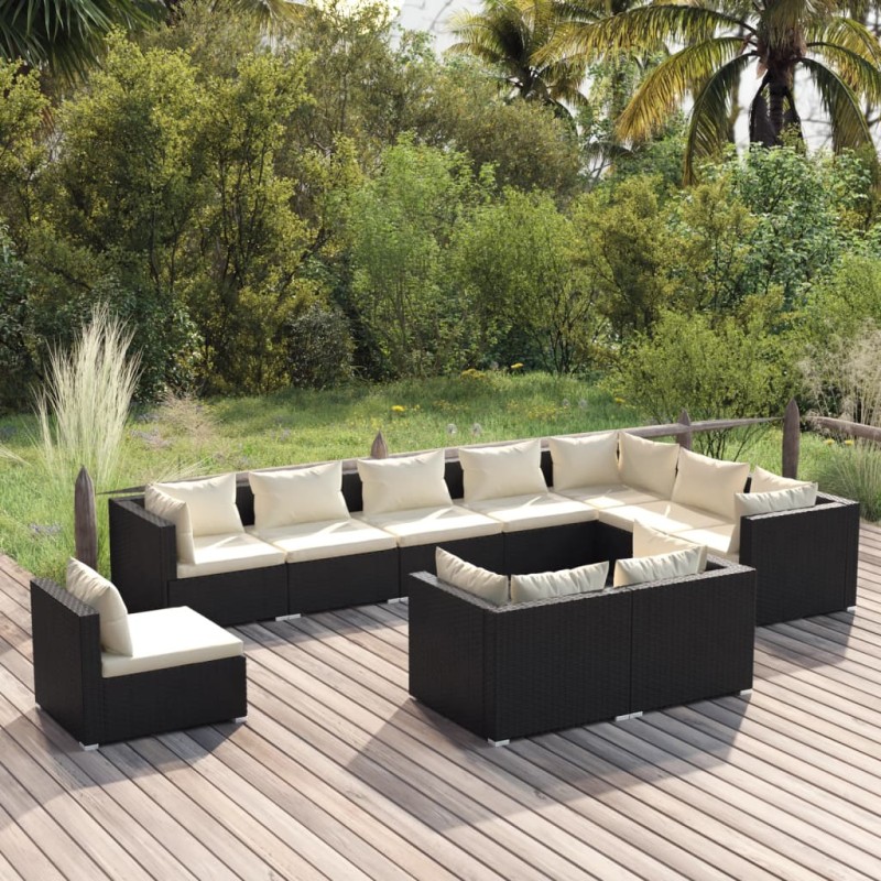 vidaXL Set de muebles de jardín 10 pzs y cojines ratán sintético negro vidaXL Set de muebles de jardín 10 pzs y cojines ratán sintético negro