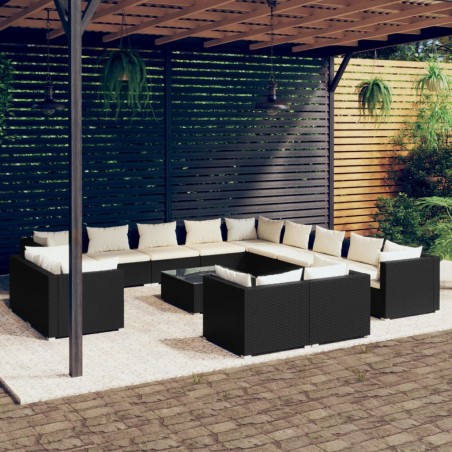 vidaXL Set de muebles de jardín 14 pzas cojines ratán sintético negro