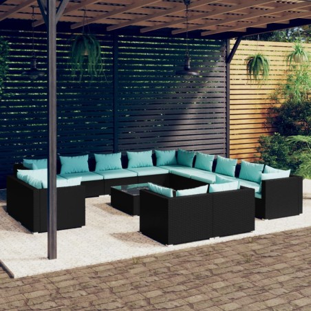vidaXL Set de muebles de jardín 14 pzas cojines ratán sintético negro