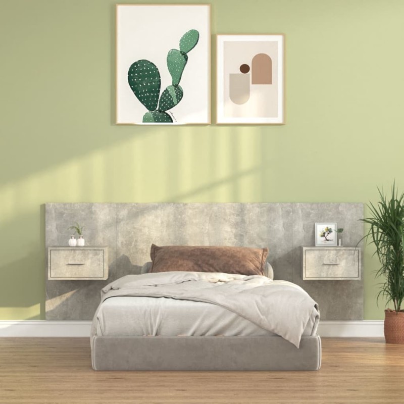 vidaXL Cabecero de cama con mesitas madera contrachapada gris hormigón vidaXL Cabecero de cama con mesitas madera contrachapada gris hormigón