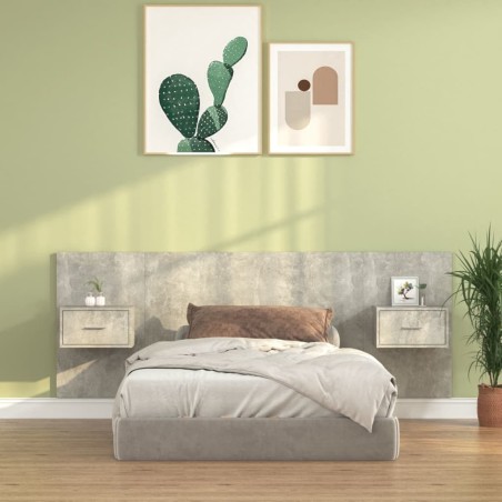 vidaXL Cabecero de cama con mesitas madera contrachapada gris hormigón