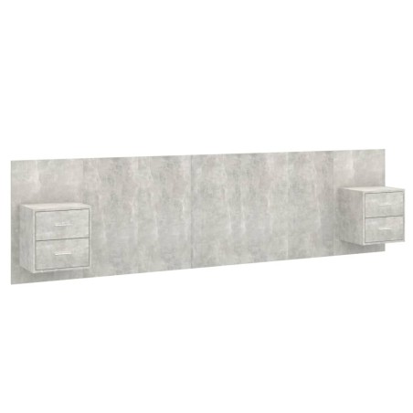 vidaXL Cabecero de cama y mesitas madera contrachapada gris hormigón