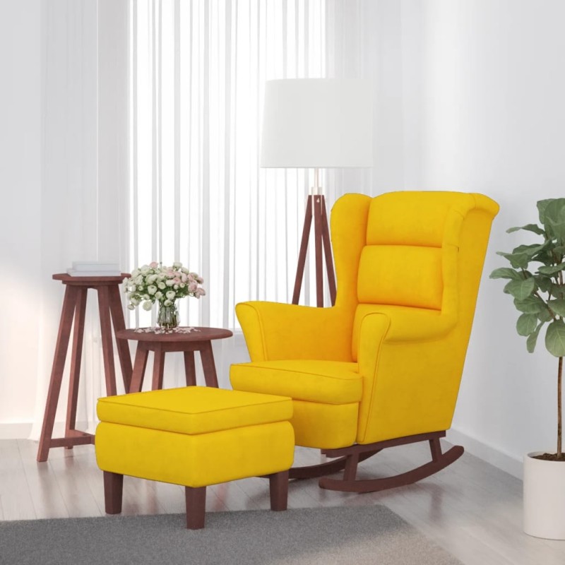 vidaXL Sillón mecedora patas madera y taburete terciopelo amarillo vidaXL Sillón mecedora patas madera y taburete terciopelo amarillo