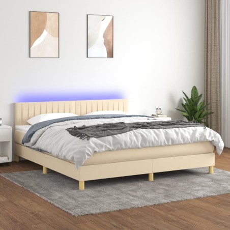 vidaXL Cama box spring con colchón y LED tela crema 160x200 cm
