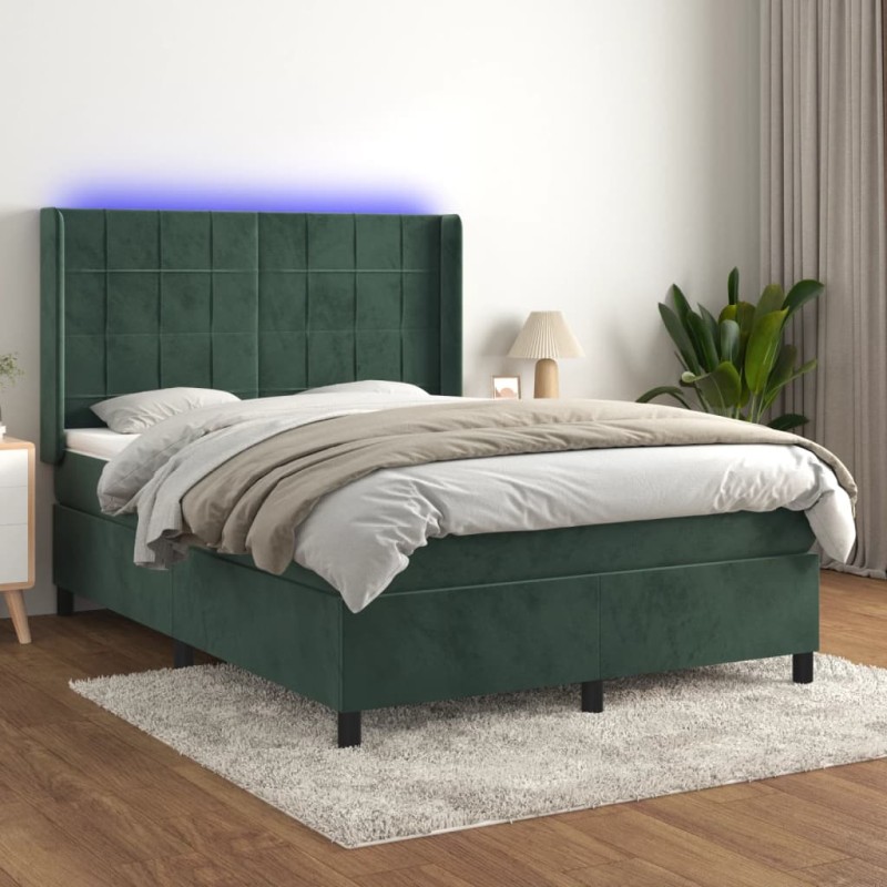 vidaXL Cama box spring colchón y LED terciopelo verde oscuro 140x190cm vidaXL Cama box spring colchón y LED terciopelo verde oscuro 140x190cm