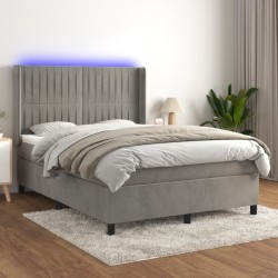 vidaXL Cama box spring colchón y LED terciopelo gris claro 140x200 cm