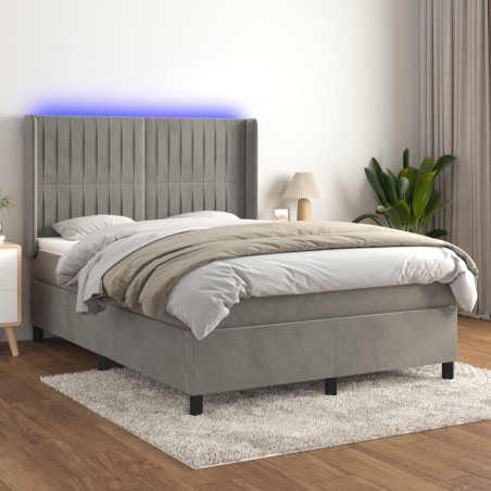 vidaXL Cama box spring colchón y LED terciopelo gris claro 140x200 cm
