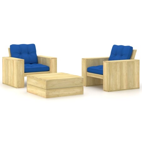 vidaXL Set muebles de jardín y cojines 3 pzas madera pino impregnada