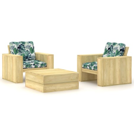 vidaXL Set muebles de jardín y cojines 3 pzas madera pino impregnada