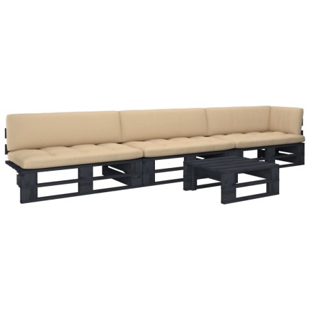 vidaXL Muebles de palets 4 pzas y cojines madera pino impregnada negro