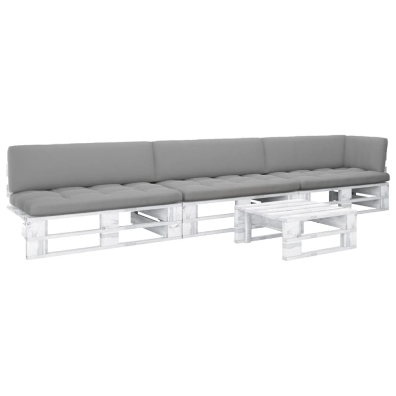 vidaXL Muebles de palés 4 pzas y cojines madera pino impregnada blanco vidaXL Muebles de palés 4 pzas y cojines madera pino impregnada blanco