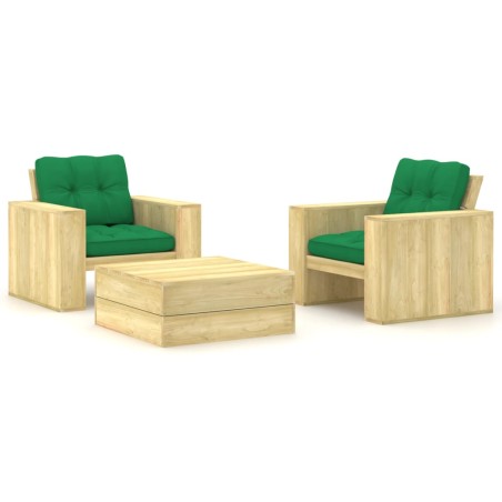 vidaXL Set muebles de jardín y cojines 3 pzas madera pino impregnada