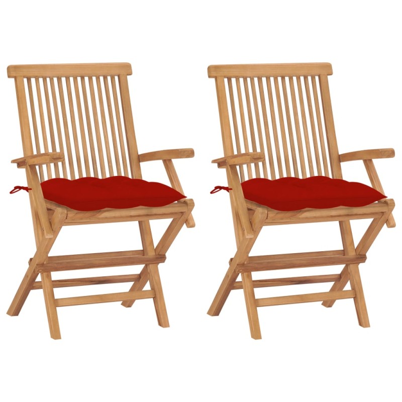 vidaXL Sillas de jardín 2 uds madera maciza de teca con cojines rojos vidaXL Sillas de jardín 2 uds madera maciza de teca con cojines rojos
