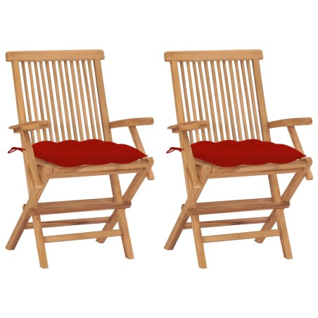 vidaXL Sillas de jardín 2 uds madera maciza de teca con cojines rojos